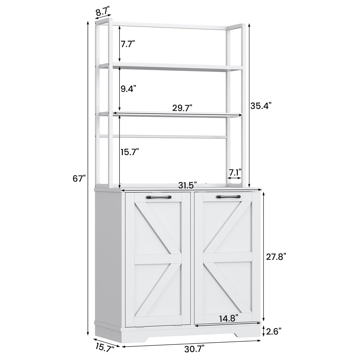 Frmobepts Kitchen Bakers Rack with Storage, 68'' Tall 6 Tier Farmhouse Pantry Cabinet with Trash Bin Cabinet, Microwave Stand Kitchen Cabinet with Hutch,White Frmobepts