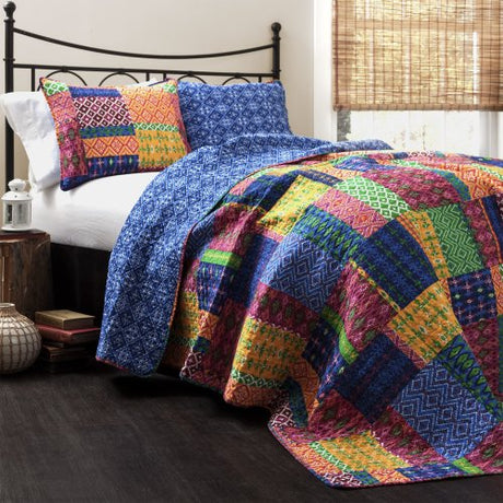 Lush Decor Misha Reversible Cotton Quilt King Size 3 Piece Set Fuchsia & Navy - King Bedding Set - Colorful Patchwork Quilt - Boho Bedroom Decor Lush Decor