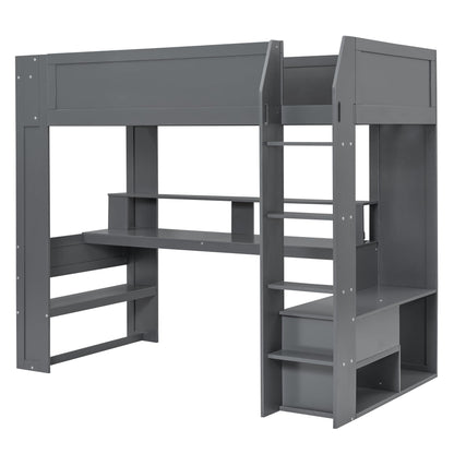 Polibi Dark Gray Twin Gaming Loft Bed with Desk, LED Lights, and Charging Station - WoodArtSupply