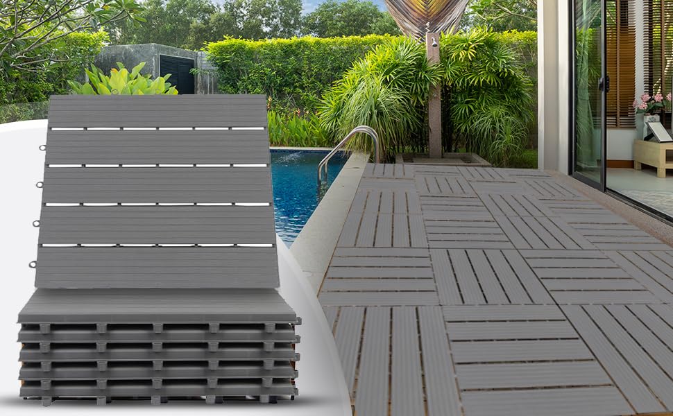 Interlocking Deck Tiles Pack - Snap Together Plastic Flooring | 12 x 12 Plastic Outdoor Flooring for Patio | Click Floor Decking Tile Outdoors Balcony Flooring, Wooden Parquet Flooring (8) - WoodArtSupply