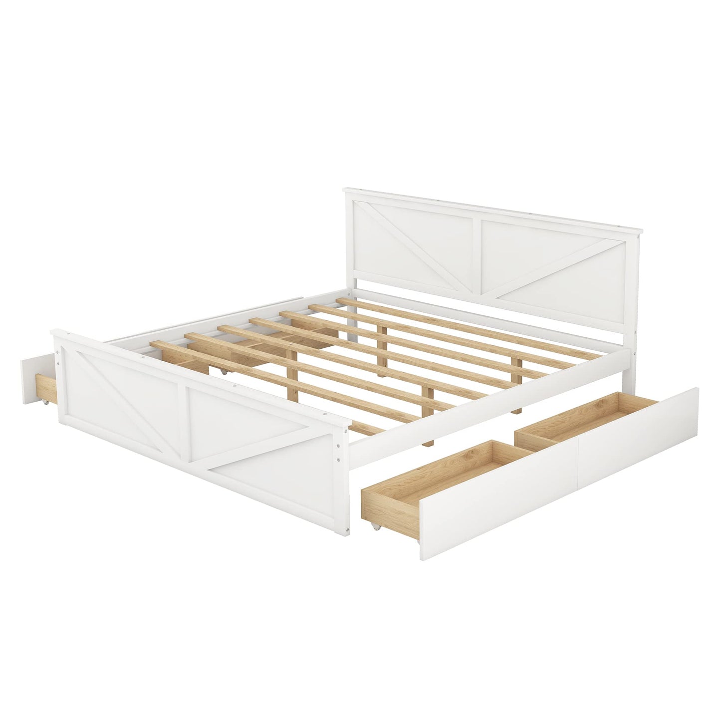 LZ LEISURE ZONE King Size White Wooden Platform Bed with 4 Storage Drawers and Headboard - WoodArtSupply