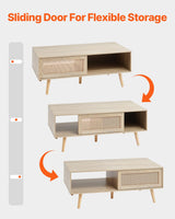 VEVOR Rattan Coffee Table, Mid Century Modern Coffee Table, Rectangle Wood Coffee Table, 42 Inch Modern Boho Style Two Layers Storage Coffee Table, for Living Room, Bedroom & Small Spaces VEVOR