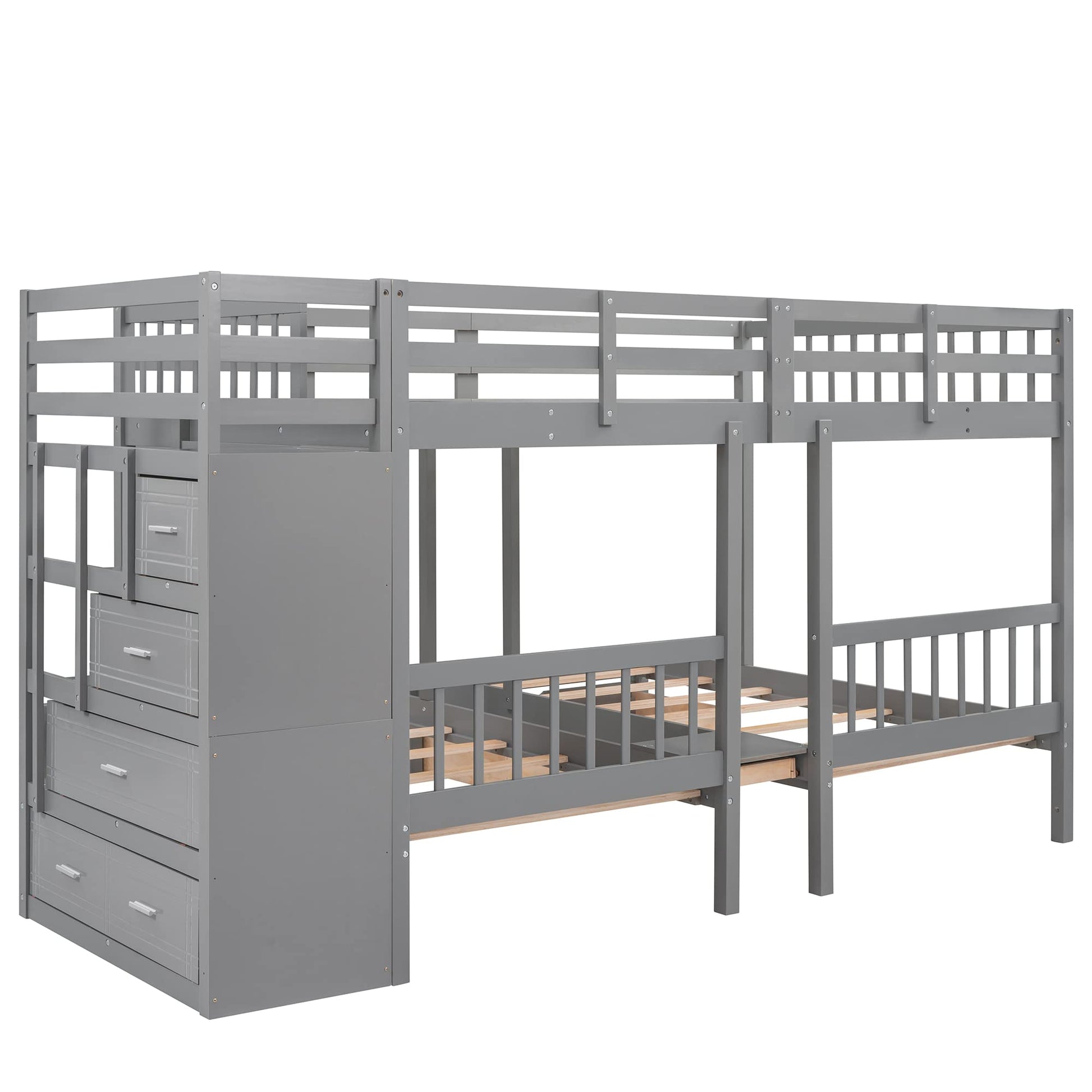 Harper & Bright Designs Grey Triple Bunk Beds with Drawers and Storage Staircase - Full Over Twin & Twin Design - WoodArtSupply