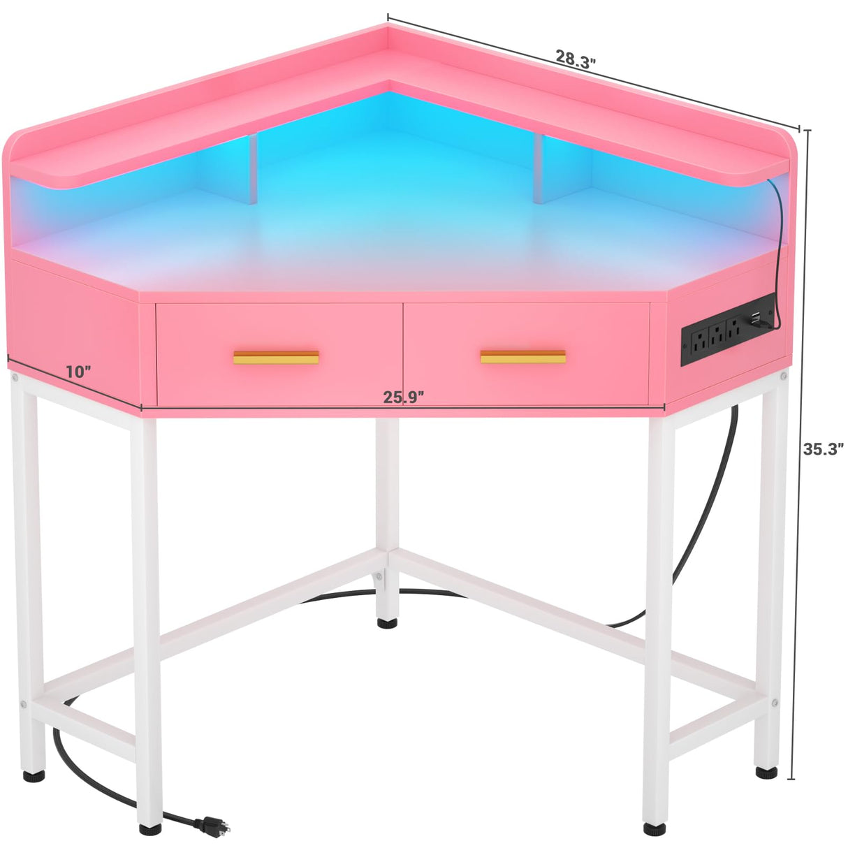 Cyclysio Corner Vanity Desk Without Mirror, Makeup Vanity Table with Lights & Power Outlets, Small Corner Vanity with Drawers for Bedroom,Small Spaces, Pink Cyclysio