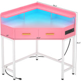 Cyclysio Corner Vanity Desk Without Mirror, Makeup Vanity Table with Lights & Power Outlets, Small Corner Vanity with Drawers for Bedroom,Small Spaces, Pink Cyclysio