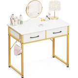 ODK 32 Inch Vanity Desk with Fabric Drawers & Versatile Hook, Makeup Dressing Table with Storage, Home Office Desks for Bedroom, Modern Writing Desk for Small Spaces, White and Gold Leg (No Mirror) ODK