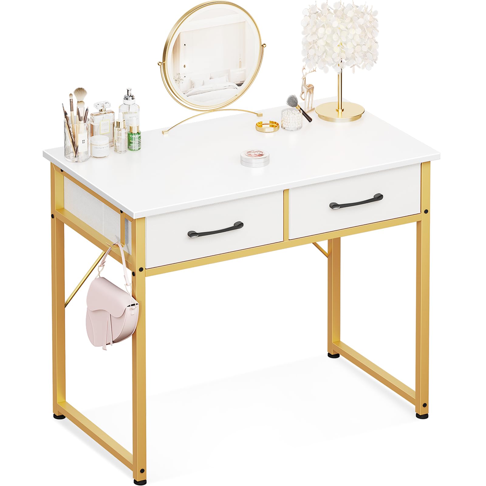 ODK 32 Inch Vanity Desk with Fabric Drawers & Versatile Hook, Makeup Dressing Table with Storage, Home Office Desks for Bedroom, Modern Writing Desk for Small Spaces, White and Gold Leg (No M - WoodArtSupply