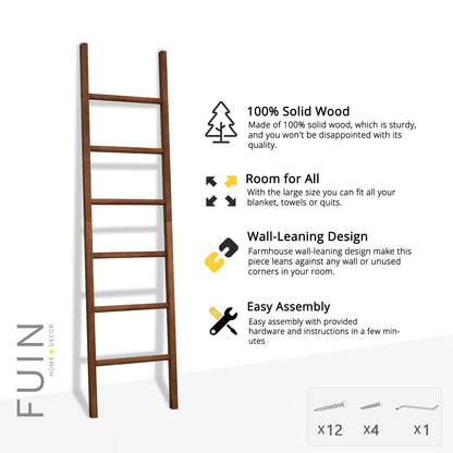 FUIN 6ft Wooden Brown Blanket Ladder Living Room Decorative Wall Leaning Farmhouse Quilt Display Holder Rustic Wood Towel Rack for Bathroom