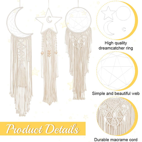 BEUNITONE Macrame Kits for Adults Beginners Easy 3 Set Moon Star Craft Kits DIY Dream Catcher Kit with Instructions Video Macrame Wall Hanging Supplies Dream Catcher Kit for Room Wall Decoration BEUNITONE