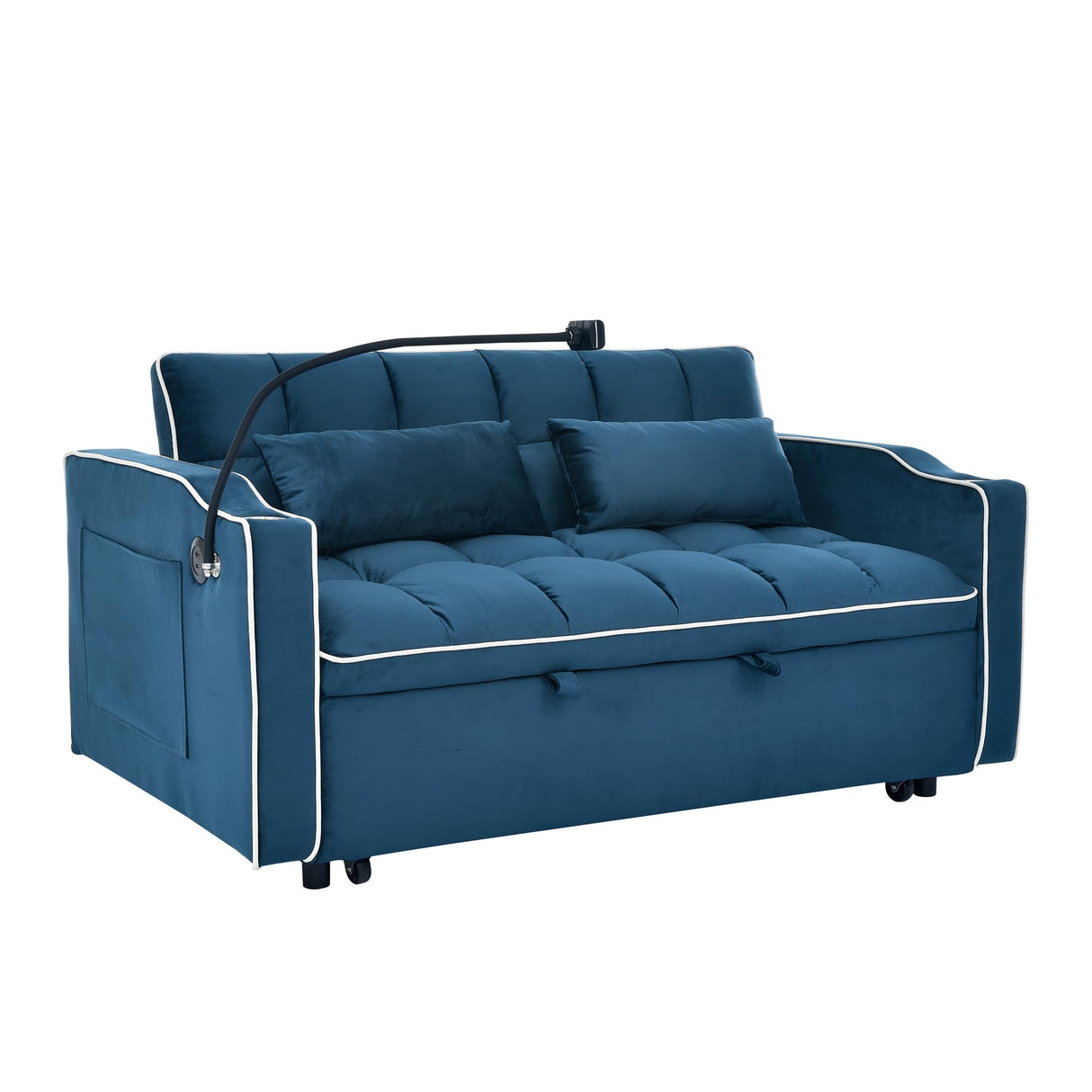 Foldable Sofa Bed with USB Charging Ports, Pull Out Velvet Loveseat Sleeper with Phone Holder, Modern Futon Couch with Cup Holders & Adjustable Backrest for Living Room, Blue Merax