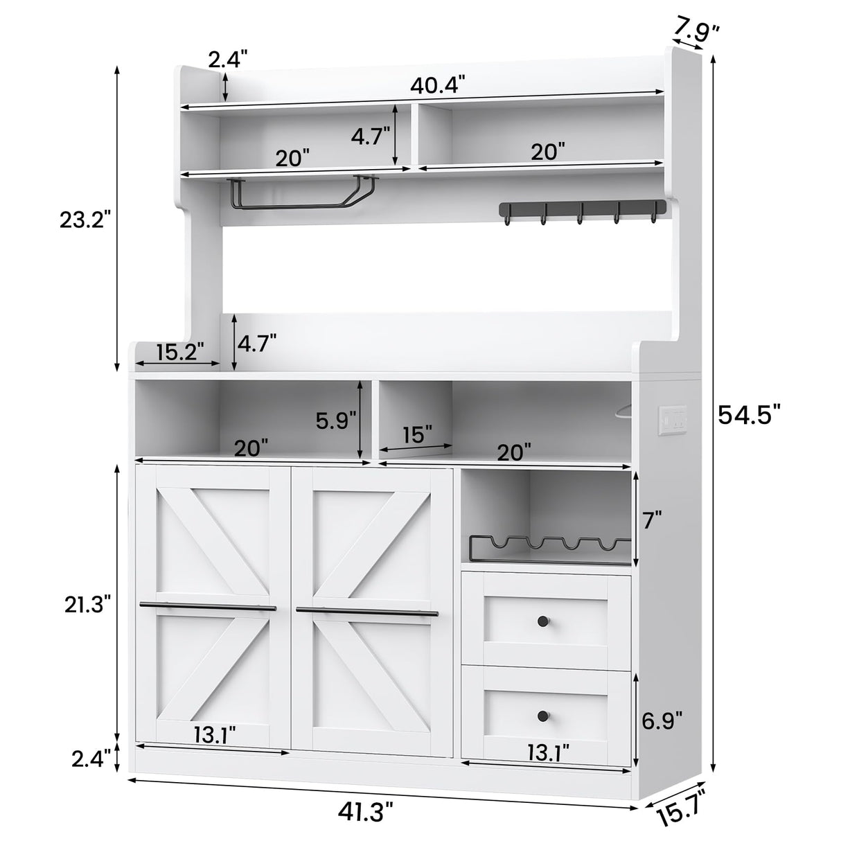 VVFLU Hutch Storage Buffet Cabinet with Drawers, and Charging Station, Coffee Bar Cabinet with Barn Doors, Wine Rack and Hooks, White Wood Sideboard Buffet for Kitchen, Dining Room, 54.5" High VVFLU
