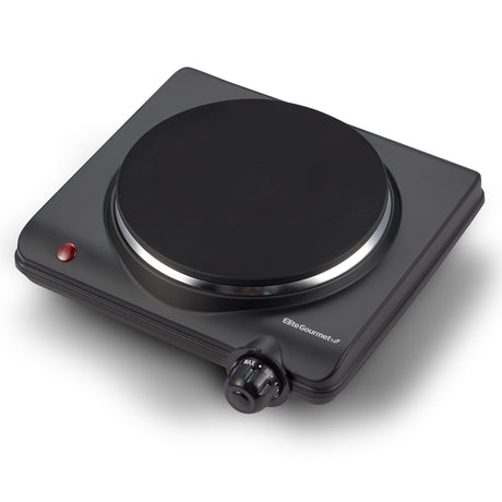 Elite Gourmet ESB-301BF Countertop Single Cast Iron Burner, 1000 Watts Electric Hot Plate, Temperature Controls, Power Indicator Lights, Easy to Clean, Black Elite Gourmet