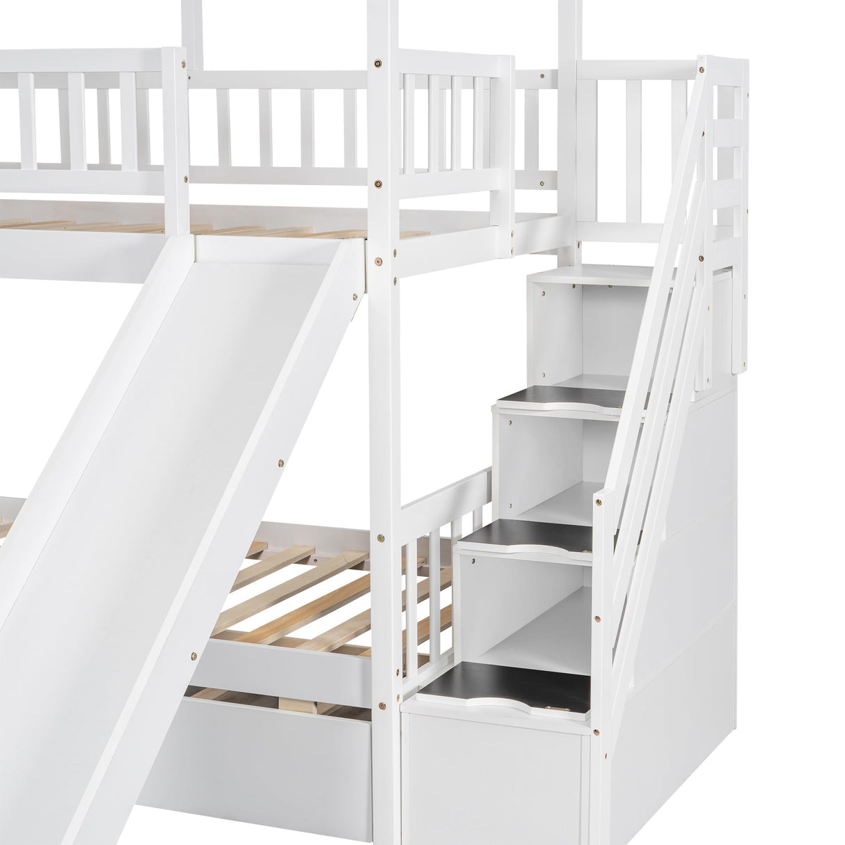 Kids Twin Over Twin Bunk Beds with Slide and Trundle, Solid Wood Bunk Bed Frame with Stairs and Storage, Playhouse Bunk Bed with Roof and Window for Kids, Teens, Girls & Boys (White) Harper & Bright Designs