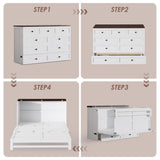 howcool Queen Murphy Bed Cabinet with Charging Station and Large Storage Drawer, Solid Pine Wood Platform Bed Frame, Foldable Cabinet Bed for Home Office, Space Saving Design, White + Walnut howcool