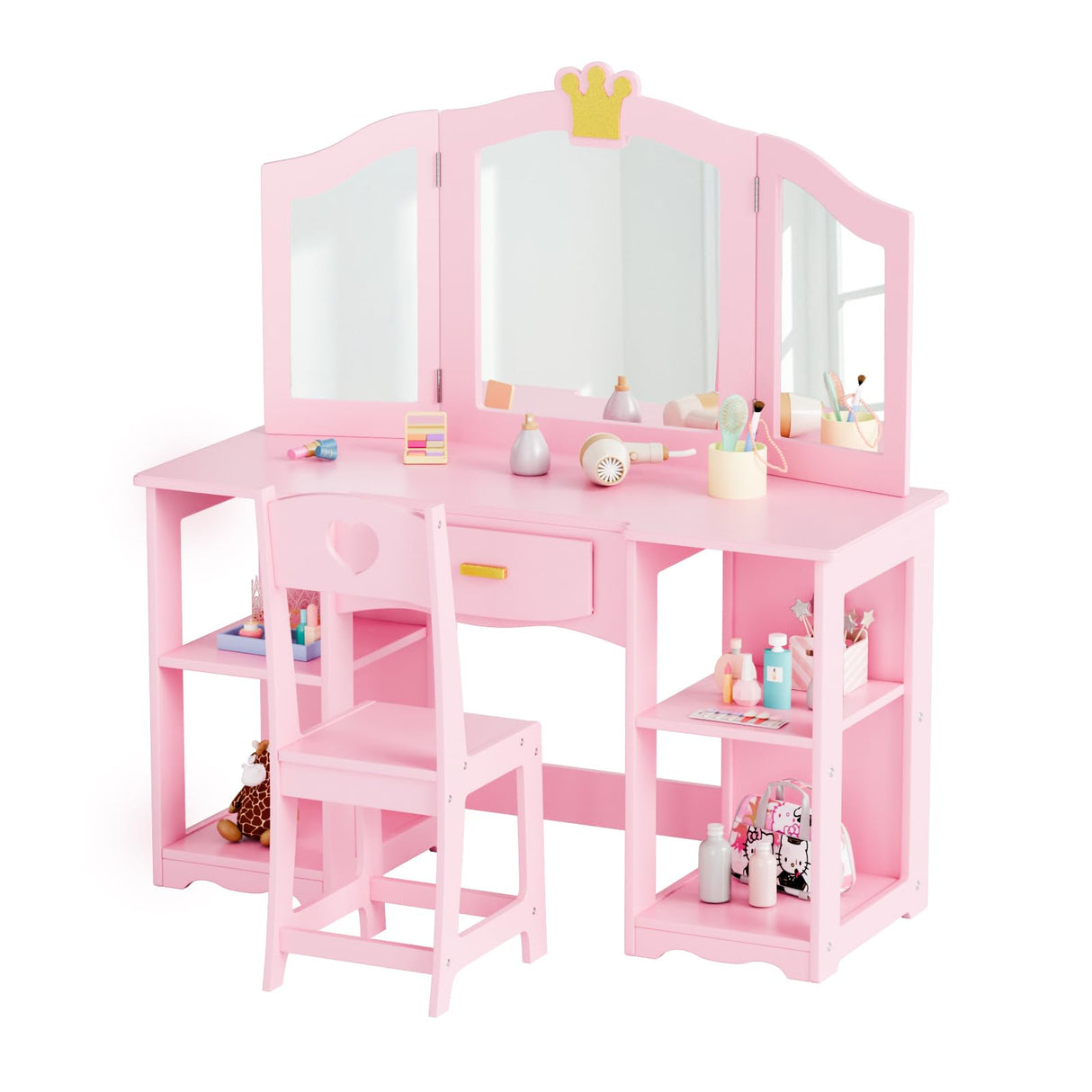 JOYMOR Kids Vanity Table and Chair Set, 2 in 1 Princess Vanity, Girls Vanity Storage Cabinet w/Tri-Folding Mirror, Beautiful Holiday, Birthday Gifts (Pink) JOYMOR