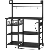 HOOBRO Kitchen Bakers Rack with Power Outlet, Coffee Bar, Microwave Oven Stand with Mesh Basket, Coffee Station with 4 S-Shaped Hook, Kitchen Shelf, for Kitchen, Living Room, Black BB05HB01 HOOBRO