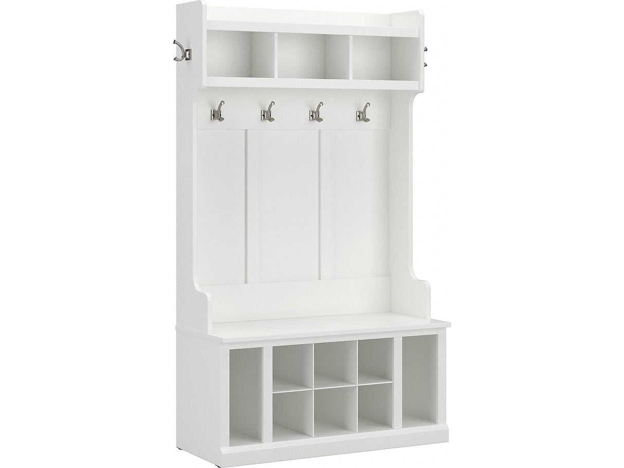 Bush Furniture Woodland 40W Hall Tree and Shoe Storage Bench with Shelves in White Ash, Cubbies and Coat Hooks for Foyer, Mudroom, or Entryway Bush Furniture