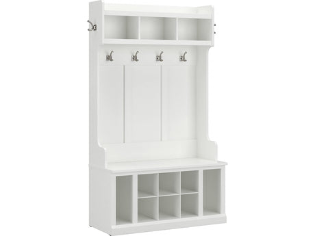Bush Furniture Woodland 40W Hall Tree and Shoe Storage Bench with Shelves in White Ash, Cubbies and Coat Hooks for Foyer, Mudroom, or Entryway Bush Furniture