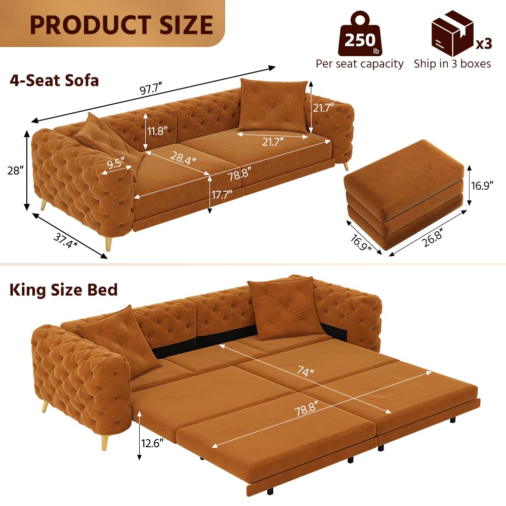 Tabaray 97.7'' Pull Out Sofa Bed King, Chesterfield Velvet Sleeper Sofa, Convertible L-Shaped Futon Couch, Tufted Back, Ottoman, Deep Seat Loveseat Couches for Living Room, Apartment, Orange Tabaray