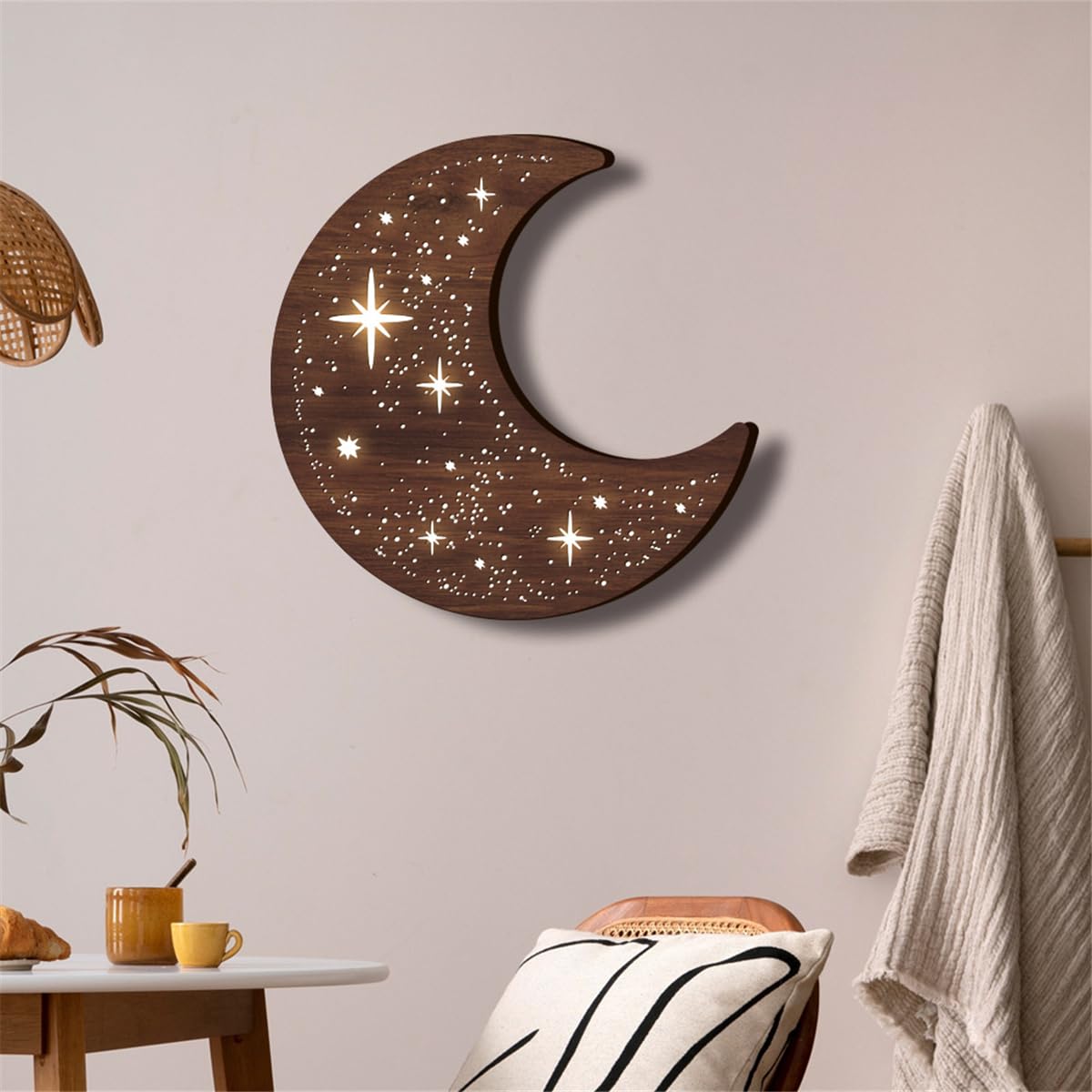 Wooden Moon Wall Art Decor, Boho Wooden Moon Phase Stars LED Lamp Wall Hanging Decor Sign, Wood Carving LED Night Light Wall Sculptures, 3D Home Wall Art Decoration for Kids Bedroom Living Room (A) Jocaluyia