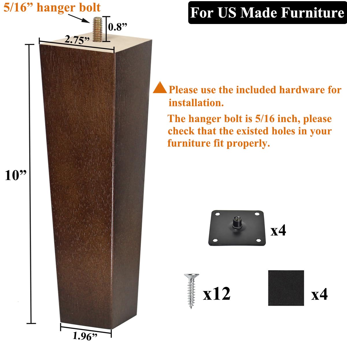 AORYVIC Wood Furniture Legs 10 inch End Table Legs Square Couch Legs Set of 4 Mid-Century Modern Replacement Legs for Armchair Recliner Coffee Table Dresser Sideboard AORYVIC