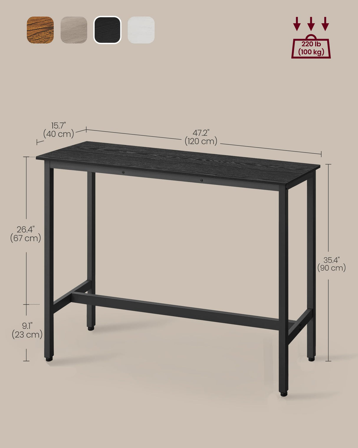 VASAGLE Bar Table, Narrow Long Bar Table, Kitchen Dining Table, High Pub Table, Sturdy Metal Frame, Industrial Design, 15.7 x 47.2 x 35.4 Inches, Ebony Black and Ink Black ULBT120B56 VASAGLE