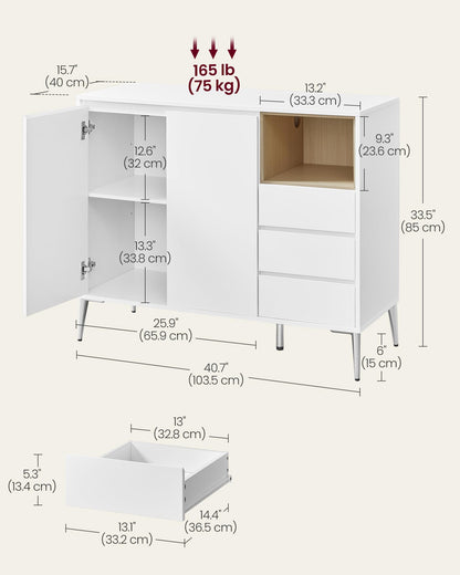 VASAGLE Sideboard, Buffet Cabinet with Doors and Height Adjustable Shelf, 3 Drawers, Open Compartment, Modern, 15.7 x 40.7 x 33.5 Inches, for Living Room, Kitchen, Study, Cloud White UBBK273W11