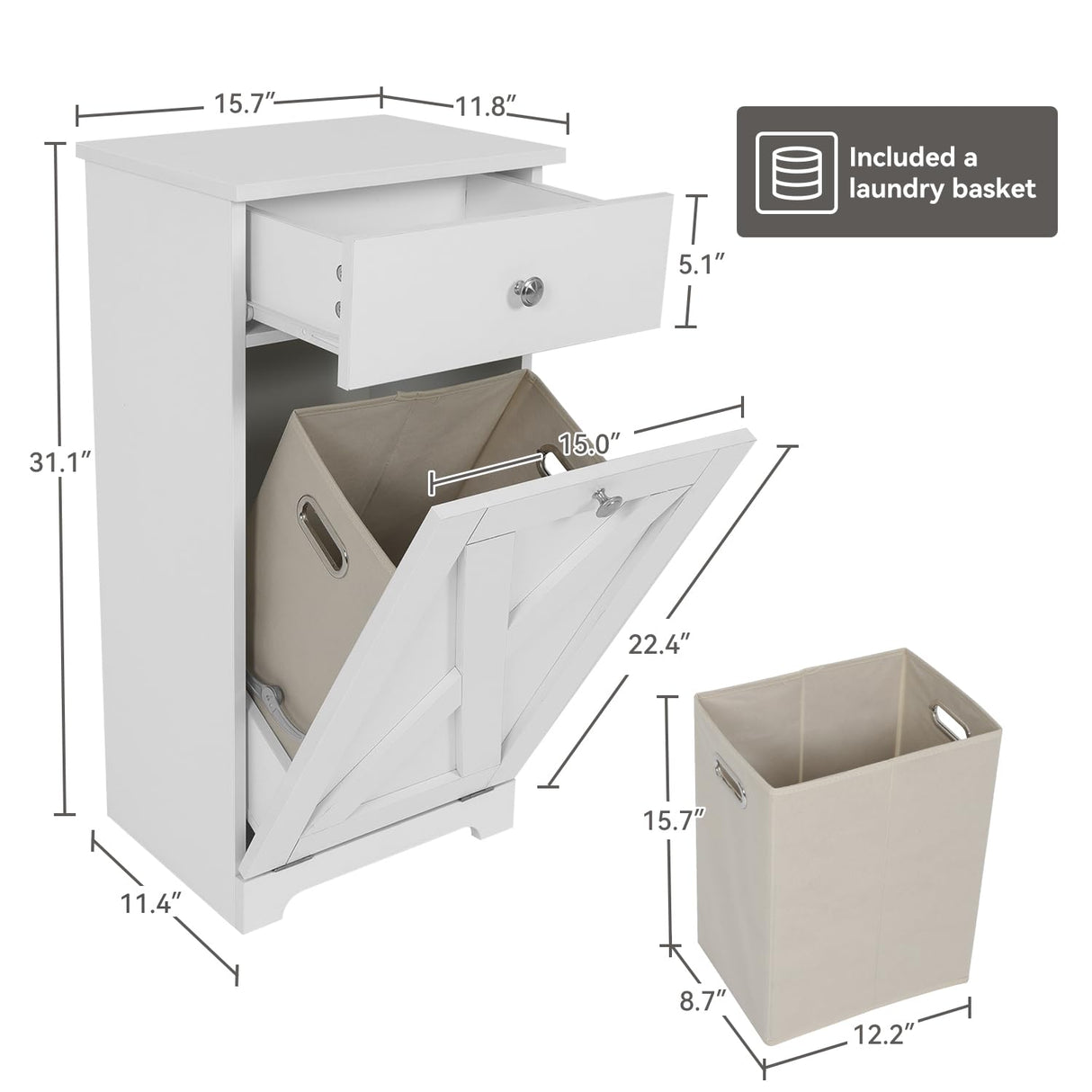 SOLIDEE Free Standing Kitchen Bathroom Tilt Out Laundry Hamper Storage Cabinet with Drawer, White SOLIDEE