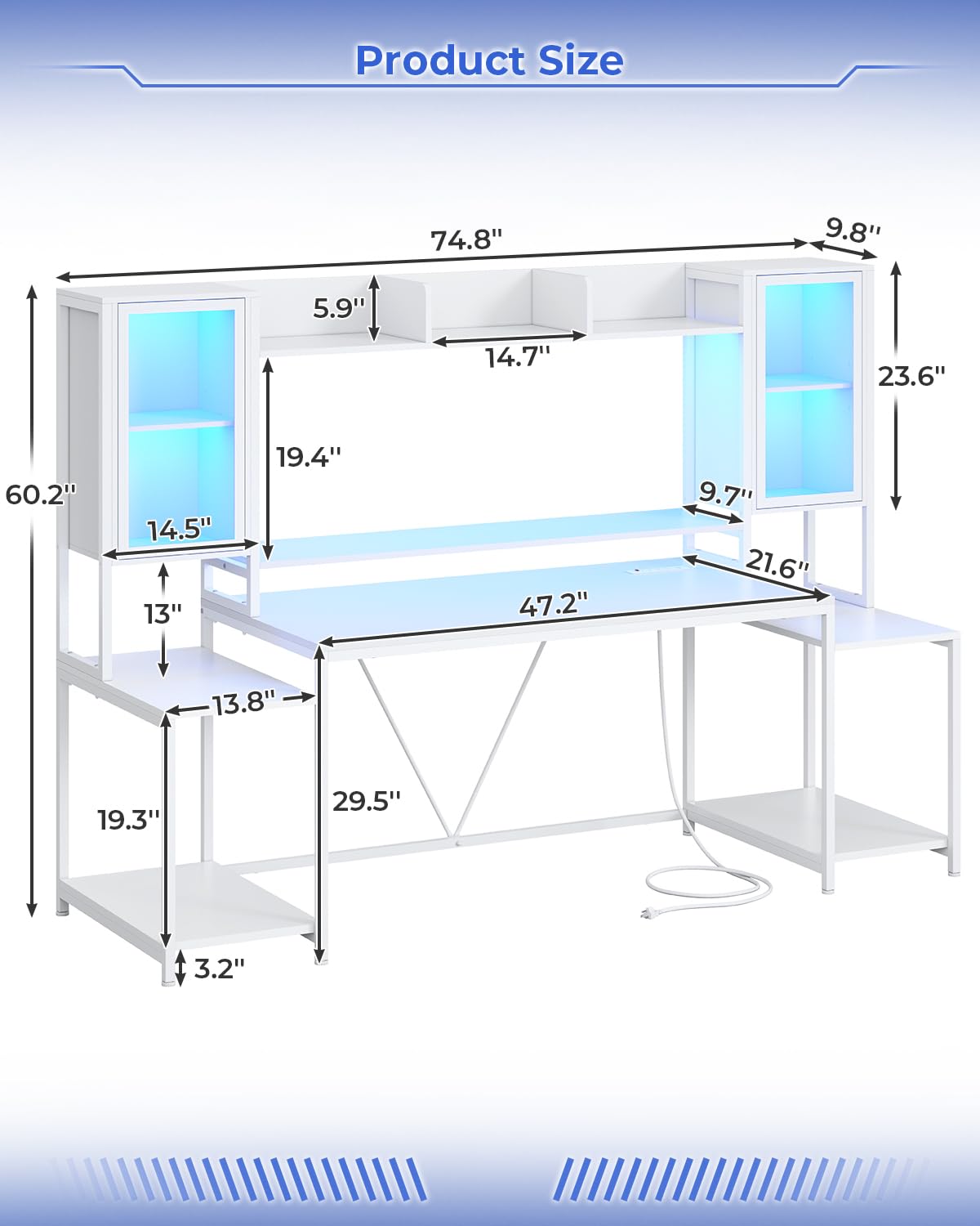SEDETA Gaming Desk 74.8'' with LED Lights, Hutch and Storage Shelves, Computer Desk with Monitor Stand, Large PC Gamer Desk Workstation, Ergonomic Gaming Table for Bedroom, Living Room, White SEDETA