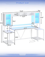SEDETA Gaming Desk 74.8'' with LED Lights, Hutch and Storage Shelves, Computer Desk with Monitor Stand, Large PC Gamer Desk Workstation, Ergonomic Gaming Table for Bedroom, Living Room, White SEDETA