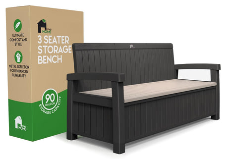 EconoHome 3 Seat Outdoor Storage Bench - 90 Gallon Capacity - Weatherproof Resin Bench for Patio, Porch, Garden, Yard, Pool Area - Furniture for Pool Accessories, Gardening Tools, Toys EconoHome