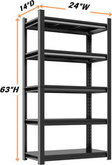 Notmise Garage Shelving, Heavy Duty 5-Tier Steel Shelf 3000Lbs, Adjustable for Warehouse/Basement, Black(63" H x 24" W x 14" D) Notmise