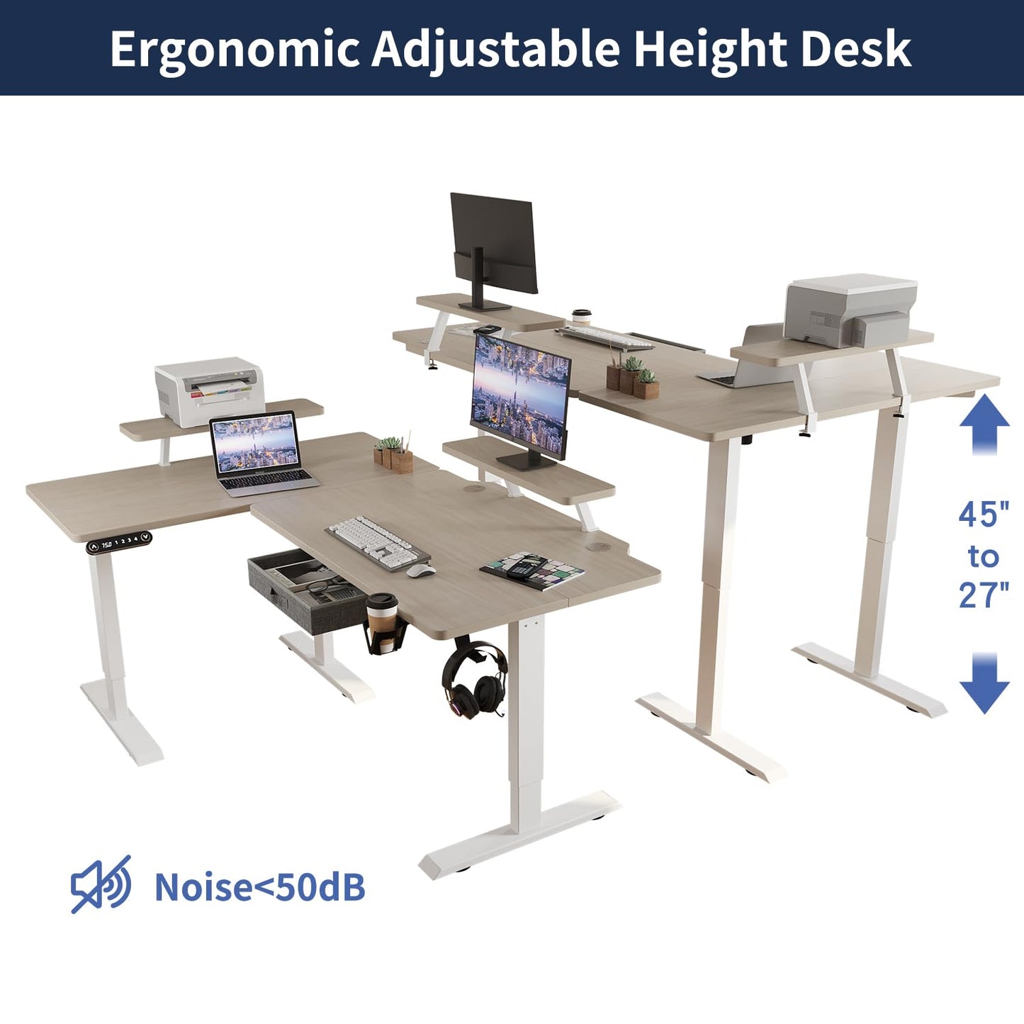 HEONAM Electric L Shape Standing Desk with Drawer, 63x47 Inches Height Adjustable Sit Stand Up Desk with Storage Shelf, Home Office Desk Computer Workstation with White Pearwood Top/White Fra - WoodArtSupply