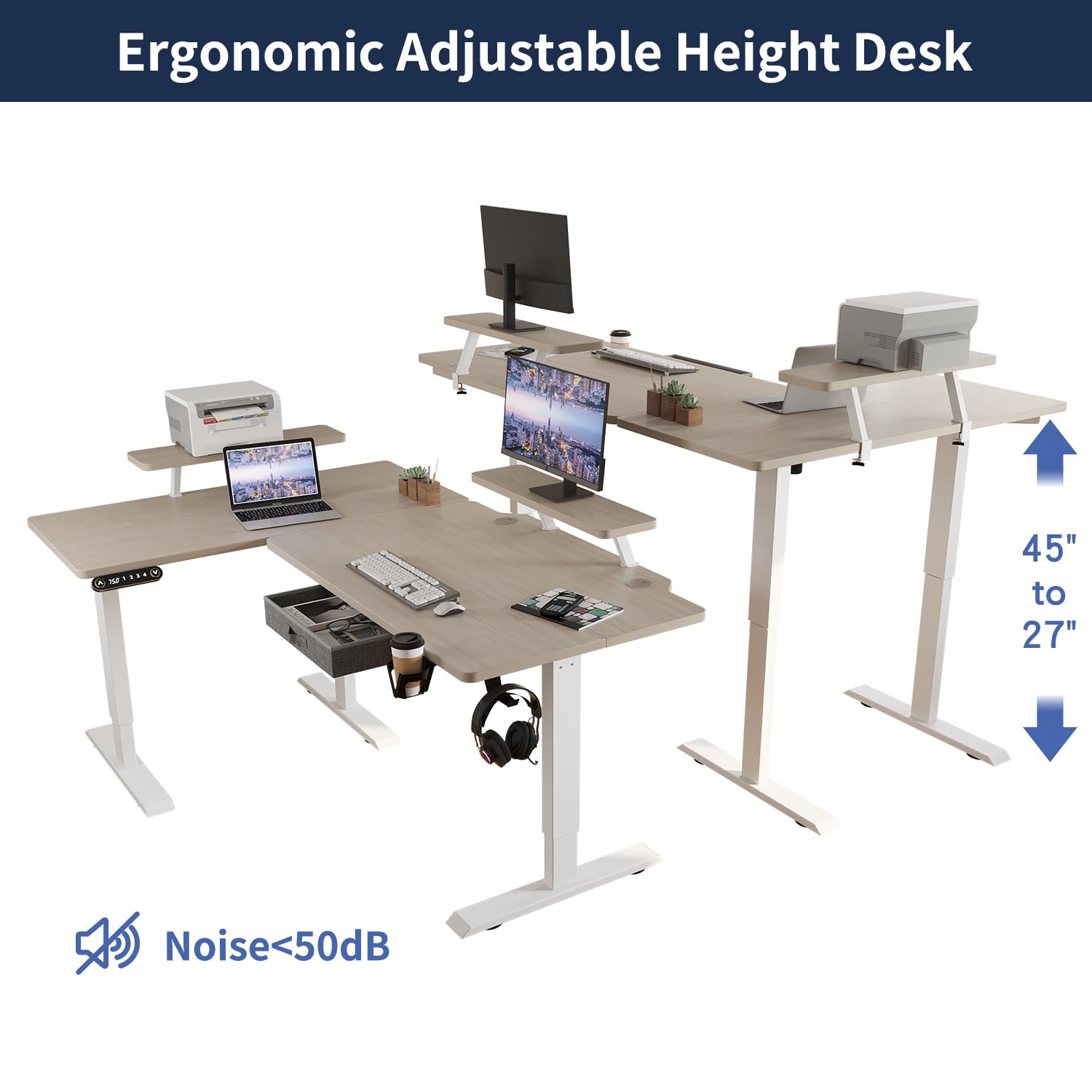 HEONAM Electric L Shape Standing Desk with Drawer, 63x47 Inches Height Adjustable Sit Stand Up Desk with Storage Shelf, Home Office Desk Computer Workstation with White Pearwood Top/White Fra - WoodArtSupply