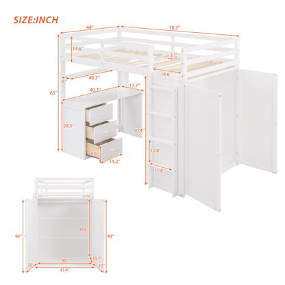 Stylish Twin Loft Bed with Desk and Wardrobe for Kids and Teens, White Wood Frame with Storage Drawers - WoodArtSupply