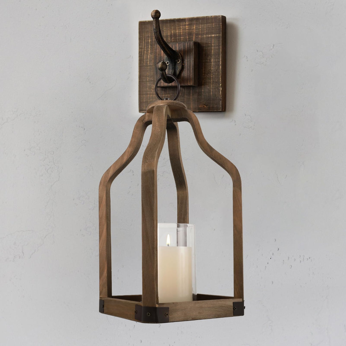 Rustic Wood Lantern Candle Holder for Farmhouse Decor - Indoor and Outdoor Table Centerpiece with Glass Hurricane, 15.7" High SUJUN