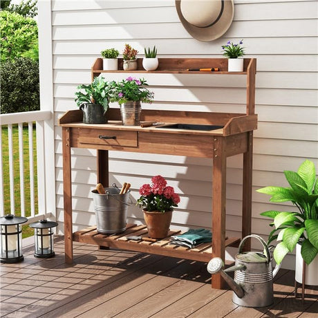 ARNOT Potting Bench,Outdoor Potting Bench Table with Sink and Storage Shelves, Wooden Garden Workstation for Gardening Tools, Planting, and Repotting – Natural Fir Wood (38" x 17" x 50") ARNOT