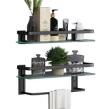 VOLPONE Glass Bathroom Shelf with Towel Bar 15.7in Bathroom Wall Shelves Rustproof Metal Bathroom Wall Organizer 2-Tier (Black) VOLPONE