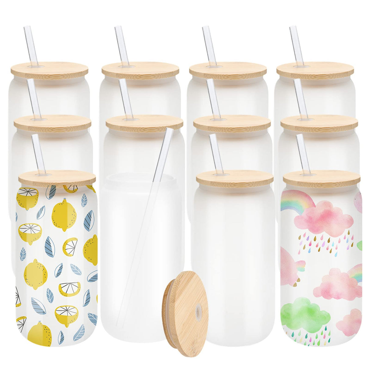 WHEATHUSK 12 Pack Sublimation Glass Cups Frosted 16oz Blanks Beer Can Borosilicate Glasses Tumbler with Bamboo Lids and Straws for Beer, Juice, Soda, Iced Coffee, Drinks WHEATHUSK