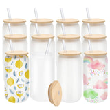 WHEATHUSK 12 Pack Sublimation Glass Cups Frosted 16oz Blanks Beer Can Borosilicate Glasses Tumbler with Bamboo Lids and Straws for Beer, Juice, Soda, Iced Coffee, Drinks WHEATHUSK