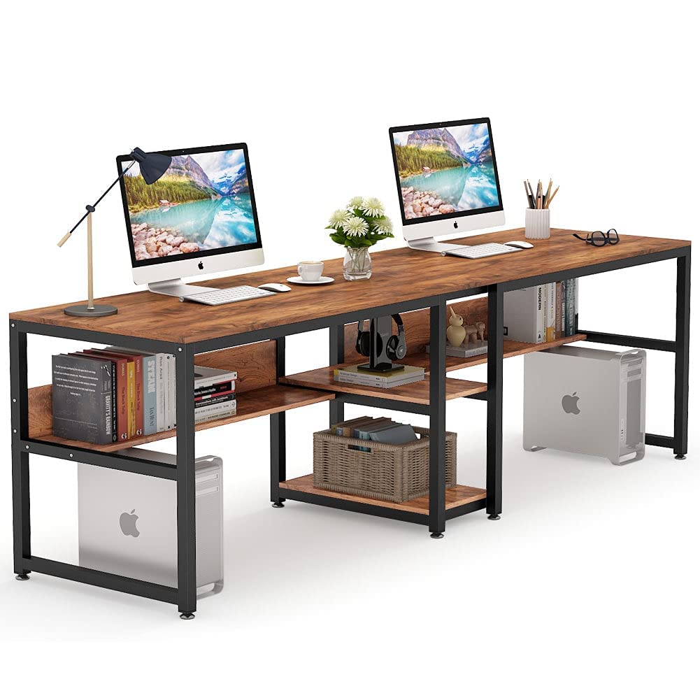 Tribesigns Rustic Brown Two-Person Double Desk with Bookshelf for Home Office - WoodArtSupply