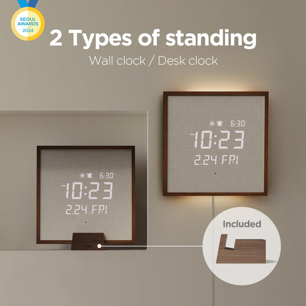 mooas Wooden Frame LED Silent Wall Clock with Remote, Backlit Nightlight, Modern Digital LED Wall Clock Display Sunrise Alarm Melody 5 Brightness for Bedroom Living Room Office Decor- Dark Wood mooas