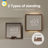 mooas Wooden Frame LED Silent Wall Clock with Remote, Backlit Nightlight, Modern Digital LED Wall Clock Display Sunrise Alarm Melody 5 Brightness for Bedroom Living Room Office Decor- Dark Wood mooas
