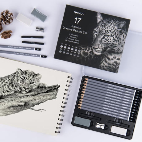 HNIHUY Professional Sketch Pencils Set, 17 Pcs, Graphite Pencils (8B-4H), Erasers and Sharpener, Art Drawing Pencil for Artists Beginner Sketching WoodArtSupply