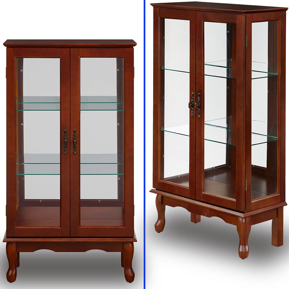 Anwick China Cabinet &Curio Cabinets with Glass Doors, Lighted Display Cabinet with Mirrored Back Panel, Tempered Glass and 3 Tiers Adjustable Shelves (Cherry) Anwick