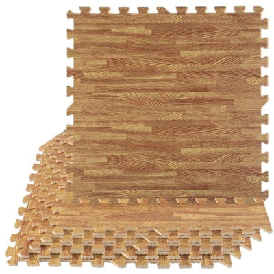 Foam Floor Tiles - 24sqft Wood Grain Interlocking Foam Tiles with Border - Foam Play Mat Playroom or Gym Flooring for Home Gym by Stalwart (Light)