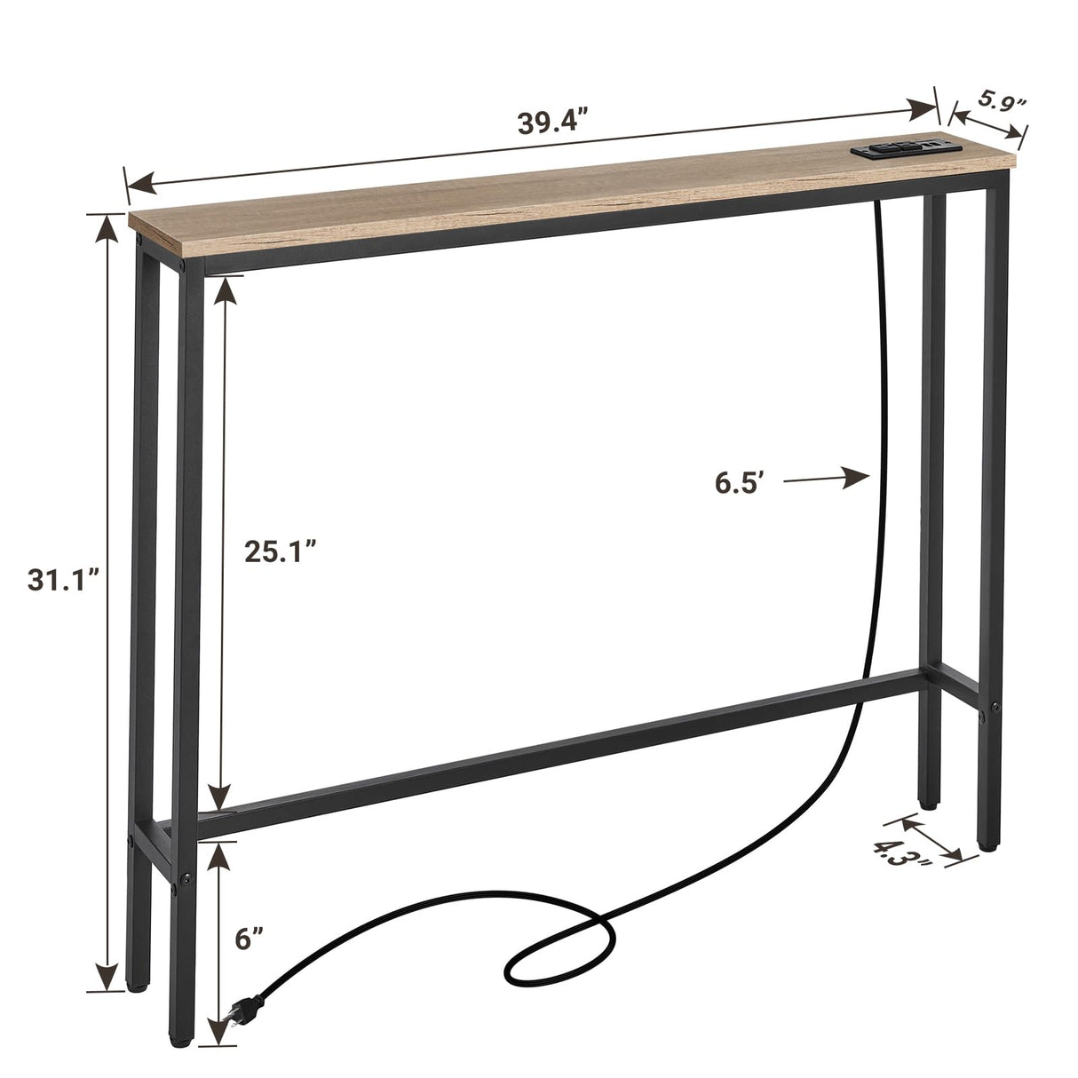 ELYKEN 5.9" Narrow Console Sofa Table with Power Outlets, 5.9" Dx39.4 Wx31.1 H Long Couch Table with Metal Frame and Charge Station with 6.5’ Extension Cord, White Oak ELYKEN
