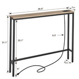 ELYKEN 5.9" Narrow Console Sofa Table with Power Outlets, 5.9" Dx39.4 Wx31.1 H Long Couch Table with Metal Frame and Charge Station with 6.5’ Extension Cord, White Oak ELYKEN