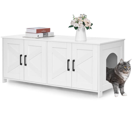 Homhedy Cat Litter Box Enclosure For 2 cats, Litter Box Furniture Hidden with Double Room,Wooden Cat Washroom Furniture,Cat House,47.2”L x 19.7”W x 19.7”H,White Homhedy