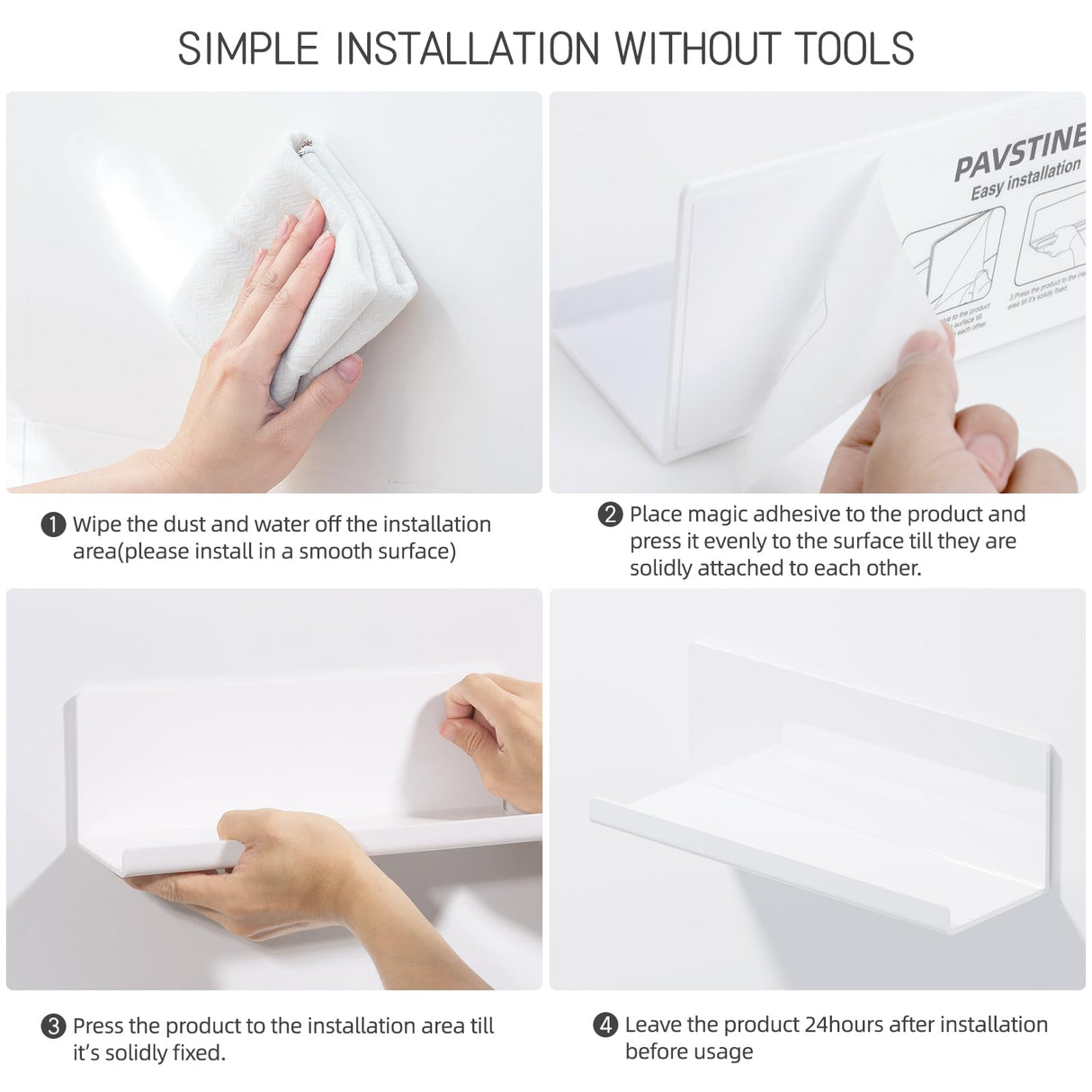 PAVSTINE Acrylic Wall Floating Shelves Set of 2, White 12 Inch Adhesive Organizer for Bathroom, Kitchen, Bedroom, Office, Gaming Room, No Wall Damage, No Drill PAVSTINE